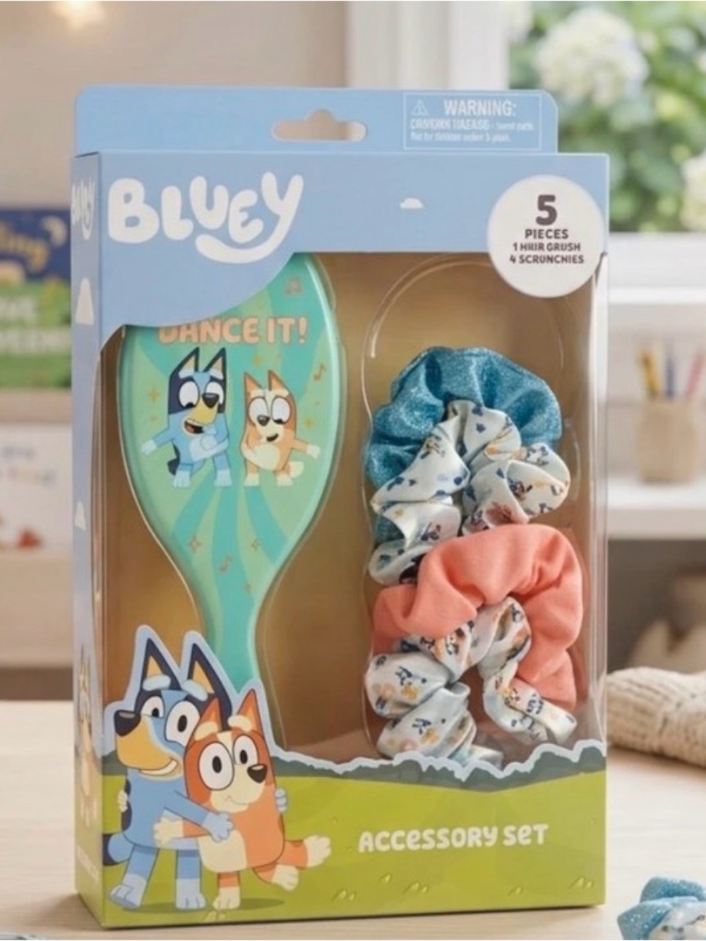 Bluey Kids Hair Accessory Set - Teal Brush with Multi-Color Scrunchies